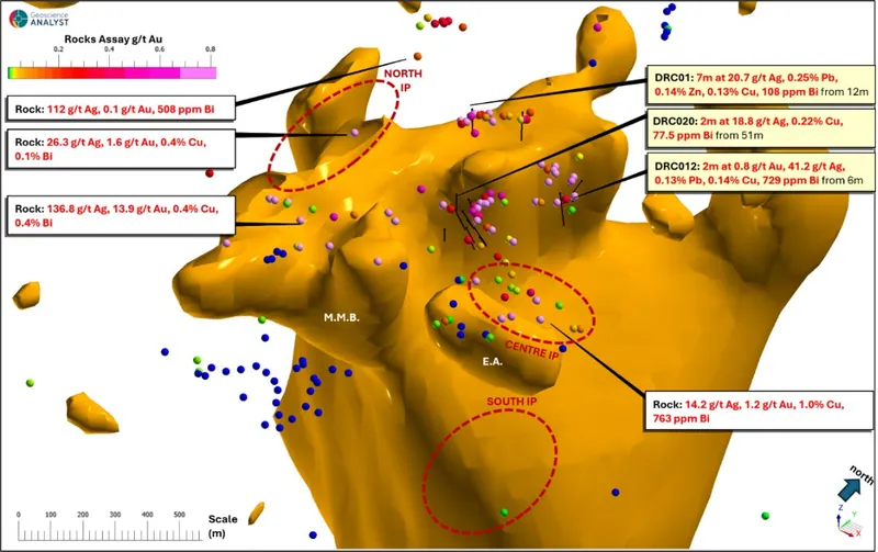 3D Image of Airborne Magnetic Inversion of strongly reverse polarised body (orange) highlighting the main magnetic body (M.M.B.) and eastern apophysis (E.A.) i…