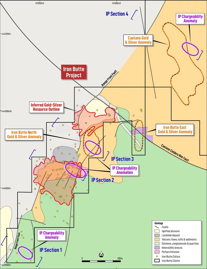 Geology map of Iron Butte project area showing the location of the inferred gold and silver resource and the location of four DDIP lines where the undrilled an…