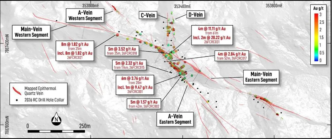 From ASX 6/10/26: Plan view of Francis Creek showing drill collars and significant intersections from RC drilling completed