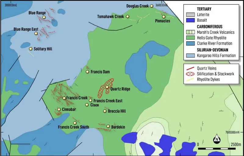 Figure 2 from ASX 6/10/26: RC drilling tested the Francis Creek, Francis Creek East and Blue Range targets at Sybil. Next phase drilling, to commence in mid-Oc…