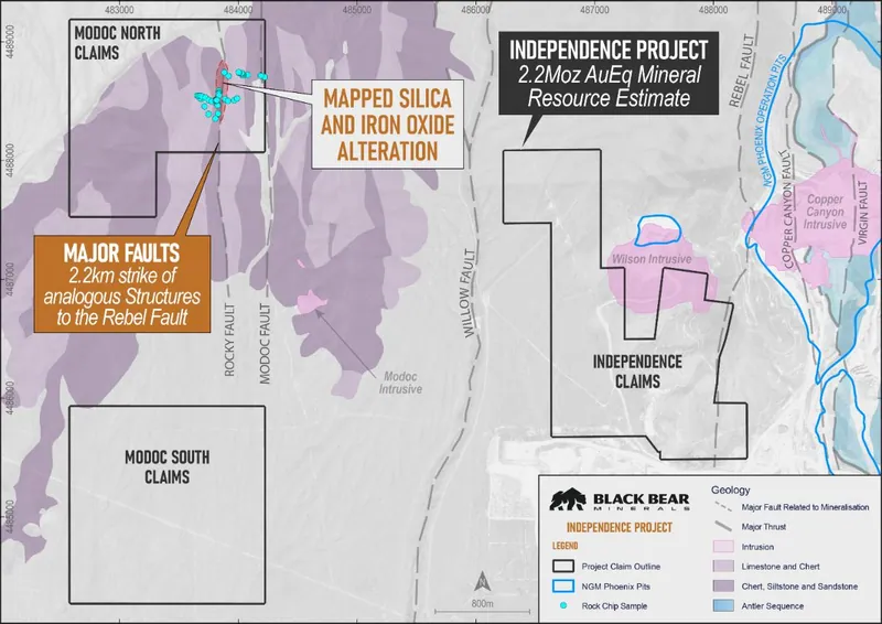 Rock chip sample locations (cyan circles) at the Modoc Project in relation to the major Rocky Fault and associated iron-silica alteration that is analogous to…
