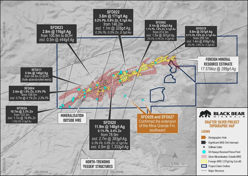 Topographic map of the Shafter Project displaying significant intercepts of BKB's drillholes in relation to the Foreign Mineral Resource Estimate (yellow shadi…