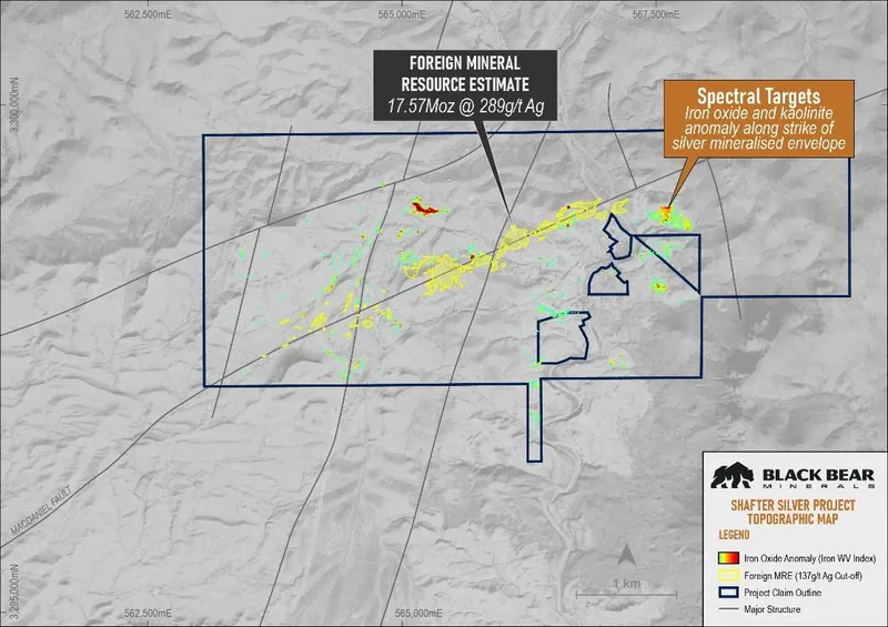 Iron worldview index raster data (heatmap) across the Shafter Project, highlighting undrilled iron oxide targets at the Project11
