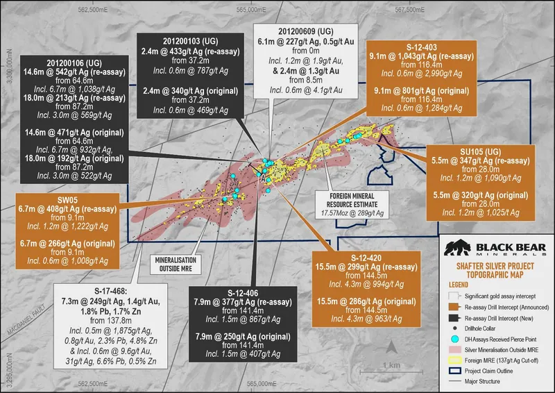 Topographic map of the Shafter Project displaying re-assayed drillholes (brown and black callouts) 6 in relation to the Foreign Mineral Resource Estimate (yell…