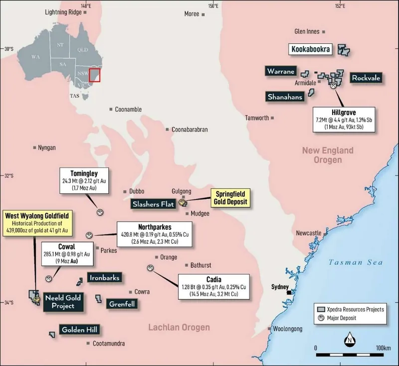 Location of the Company’s flagship Springfield Gold Deposit and the Neeld Gold Project and its other projects in NSW