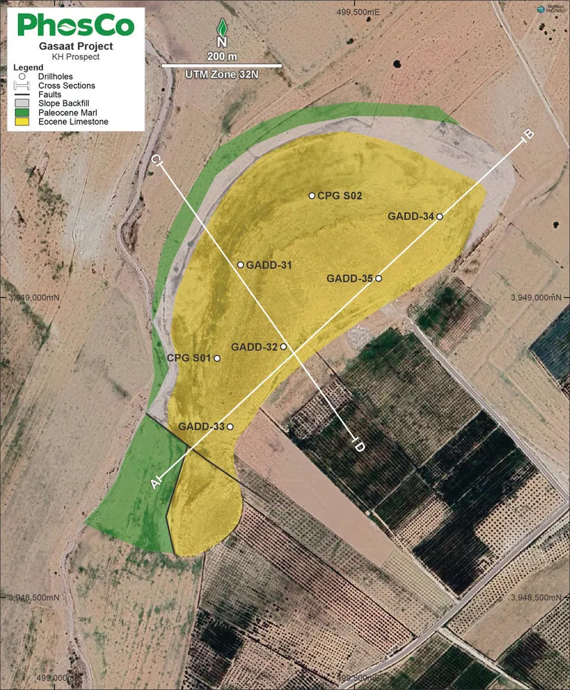 KH Prospect showing locations of CPG drill holes and sections