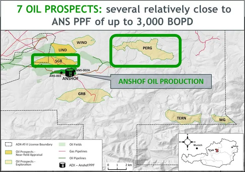 Map showing the ADX Anshof Oil Field and the nearby, technically mature SGB and LIND appraisal prospects