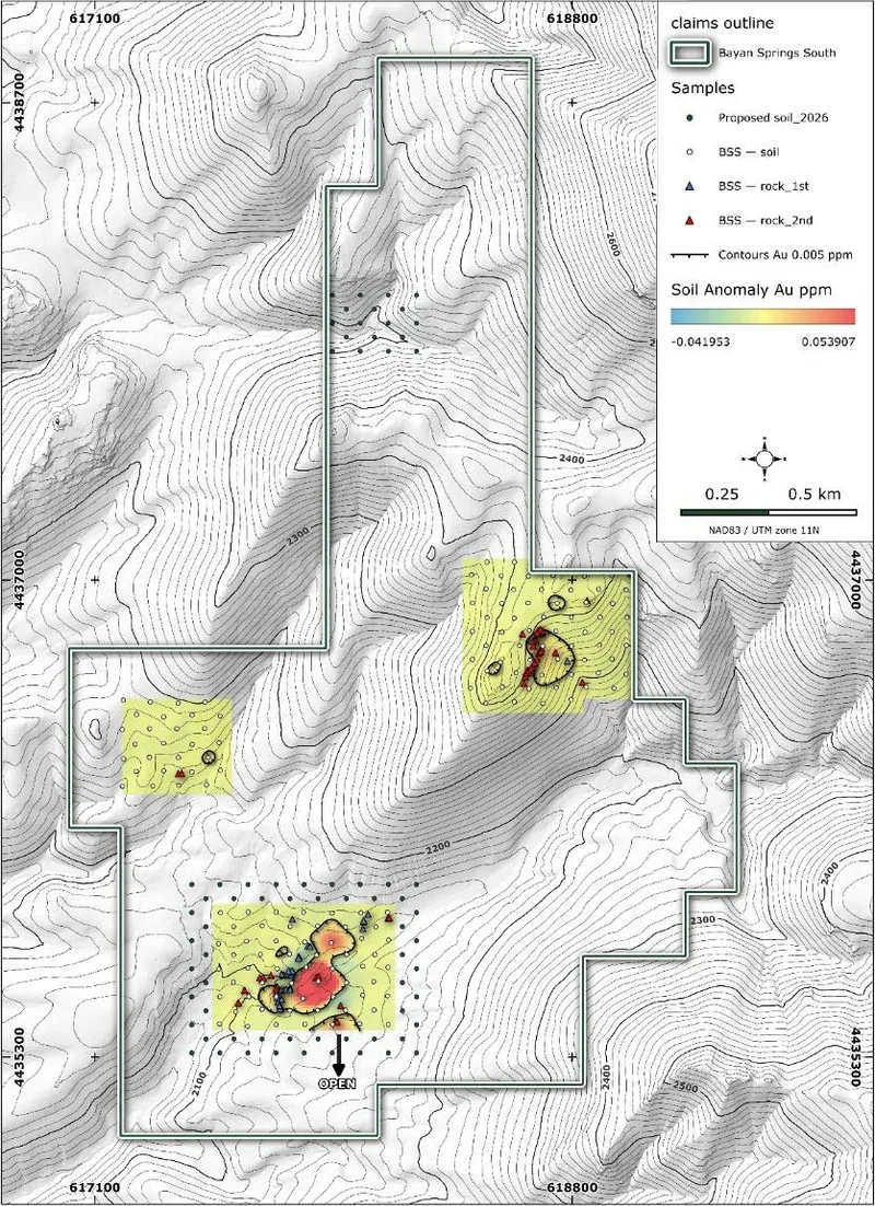Bayan Springs South Phase 1 and Phase 2 surface sampling results showing gold anomaly and proposed 2026 soil sampling locations for the Phase 3 Field Program
