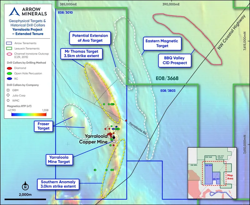 Tenement Plan showing the newly granted E08/3803 relative to Arrow’s existing Yarraloola permits overlain on open file TMI-RTP imagery