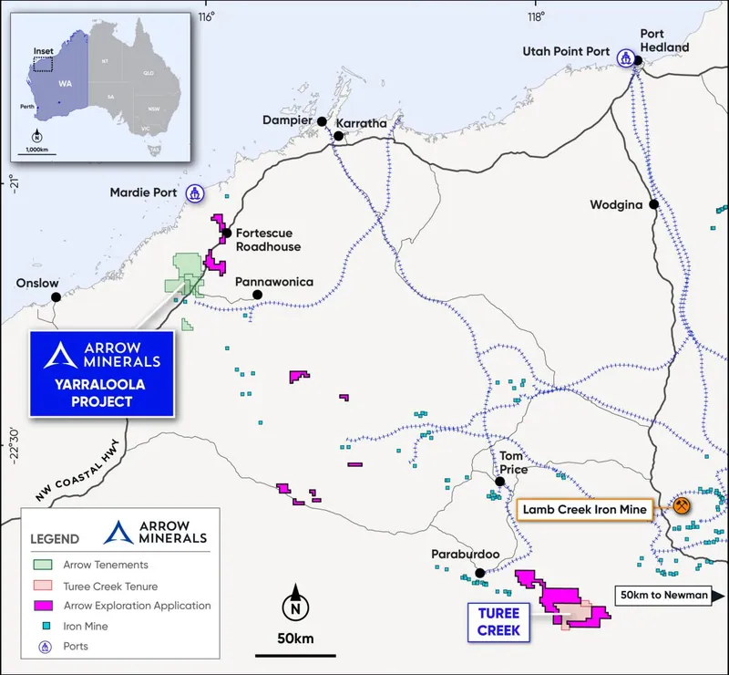 Location of Arrow's Projects and Key Infrastructure in the Pilbara Region, WA