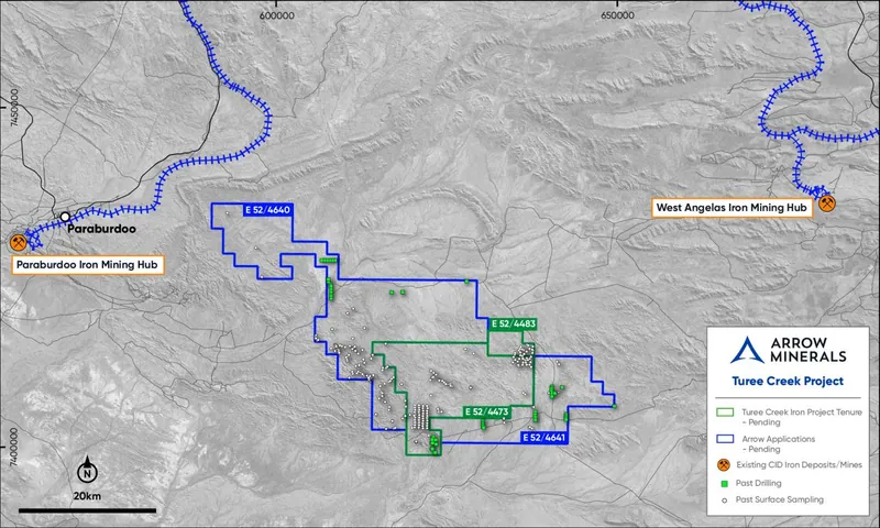 Turee Creek tenure acquisitions and applications with past drilling and surface sampling locations shown