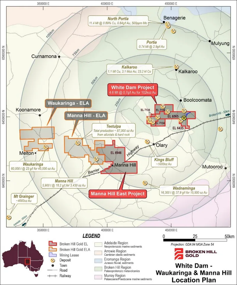 Broken Hill Gold Regional Project Location Plan, showing new ELA areas to the west of White Dam Project