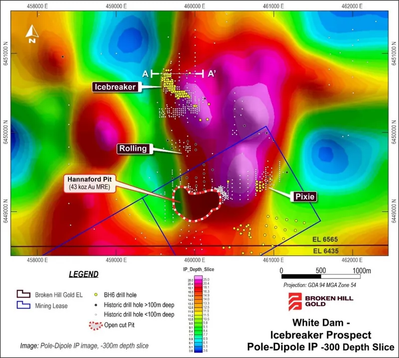 White Dam Induced Polarisation (IP) chargeability depth slice at -300m below surface, with historic and Broken Hill Gold drilling to date