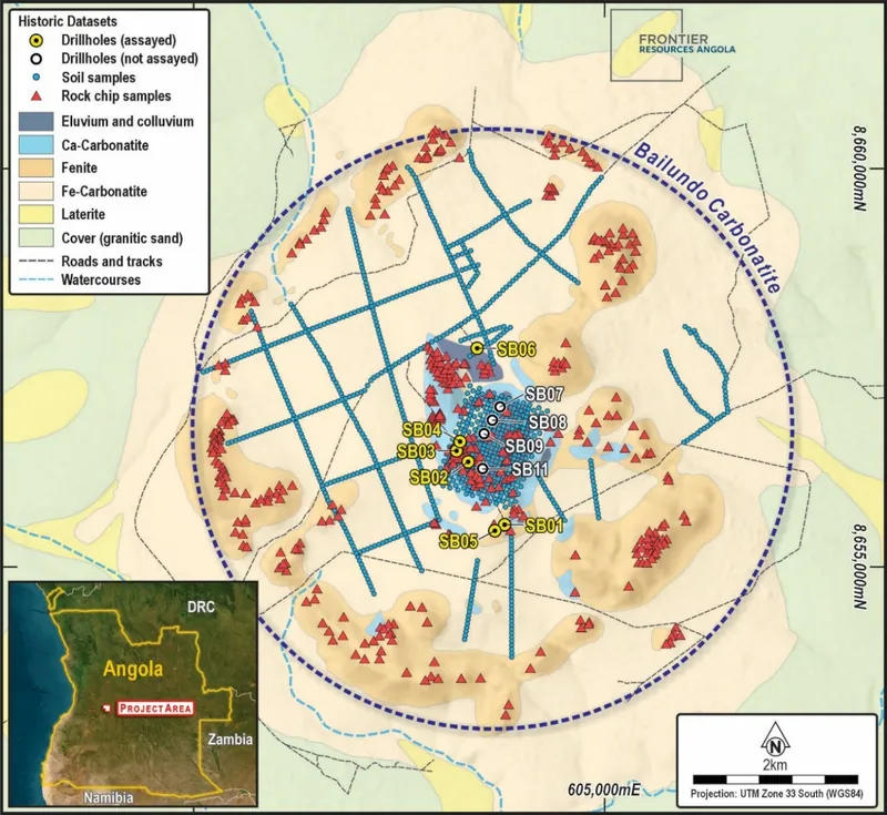 Geological map (source: Lapido Loureiro, 1973) simplified of the Bailundo Carbonatite Complex with Historical Data – Historical drill hole, soil and rock-chip…