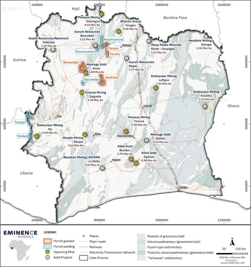 Location of the Eminence Côte d’Ivoire gold projects in relation to regional operating gold mines and significant projects