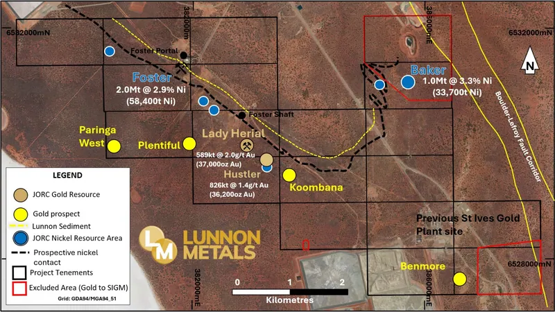 FBA Project showing Lady Herial mine, gold & nickel Mineral Resource7 positions and select high-ranking gold prospects