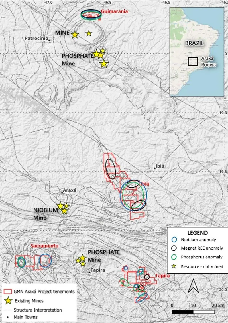 Summary map of the most significant niobium, magnet REE and phosphorus anomalies interpreted within GMN's tenements in the Araxá Project area.3
