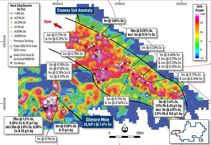 Drill hole location plan showing significant intersections from Koba’s maiden RC drilling at the Gilmore Tin Mine and Stannex Prospect, Mt Garnet Tin-Tungsten…