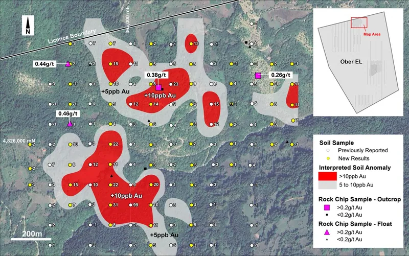 Soil sample results in the Beli Potok area showing the zone of interpreted +10ppb gold-in-soil anomalism and rock chip sample results
