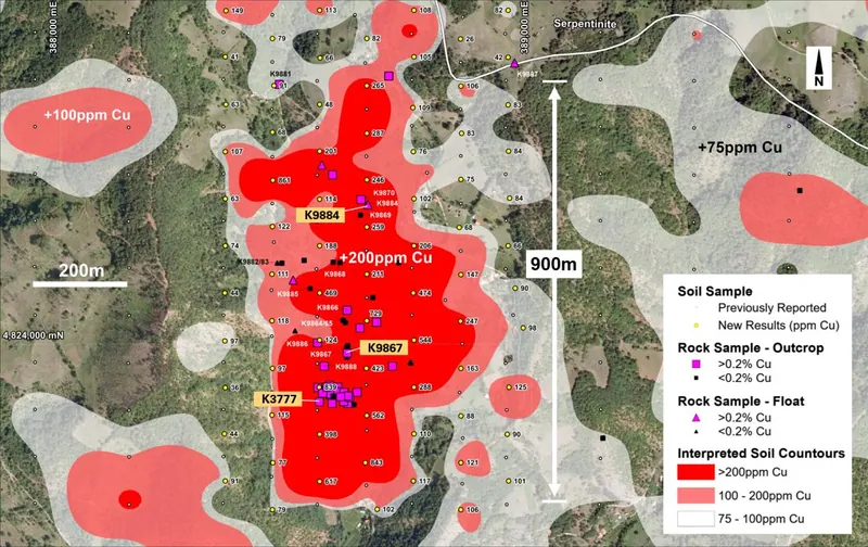 Jelaca Target - Soil sample results and location of rock chip samples