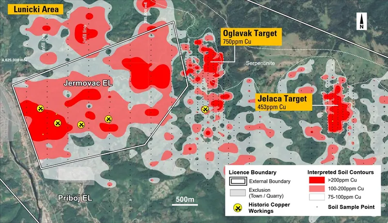 Central Priboj Project area showing priority target areas and copper-in-soil anomalism (anomaly values shown in ppm Cu represent average of soil sample results…