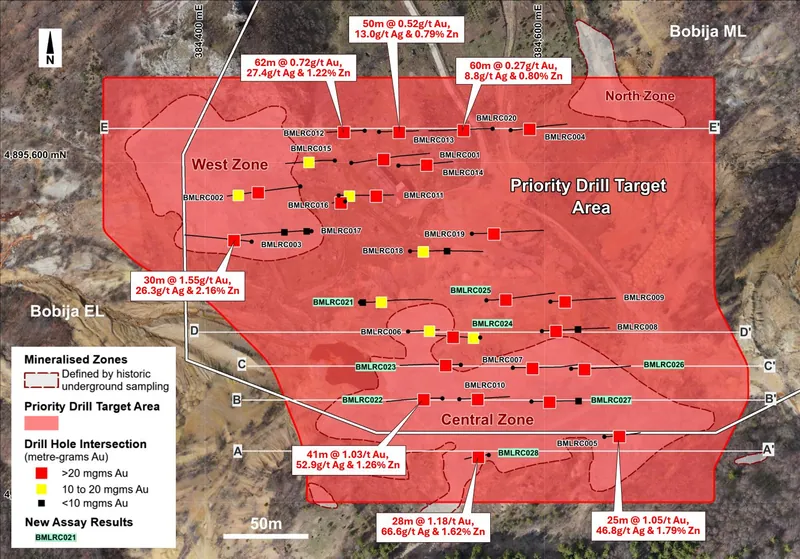 Plan view showing priority drill target area, Phase 1 and 2 drill holes and mineralised zones defined in historic underground development (intersections report…
