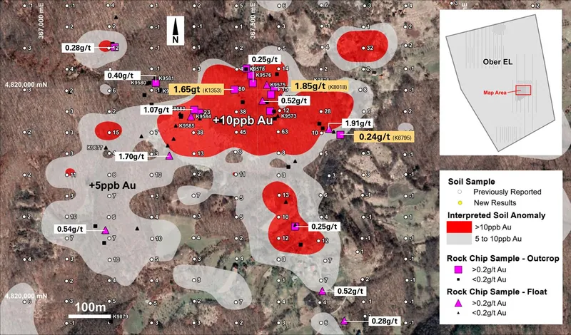 Soil sample results in the Zabrnjica area showing the zone of interpreted +10ppb gold-in-soil anomalism and rock chip sample results