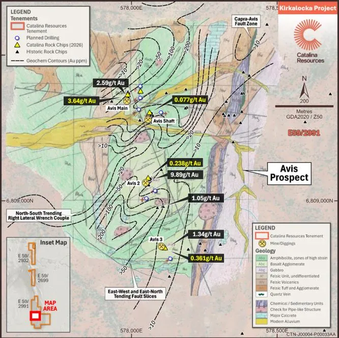 Geological map of Avis illustrating Au soil contours, rock chip results and planned drilling. (Only historical rock-chip samples grading >1 g/t Au are labelled)