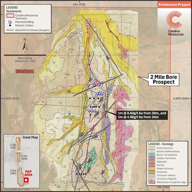 Geological map of Two Mile Bore illustrating Au soil contours, rock chip results and planned drilling