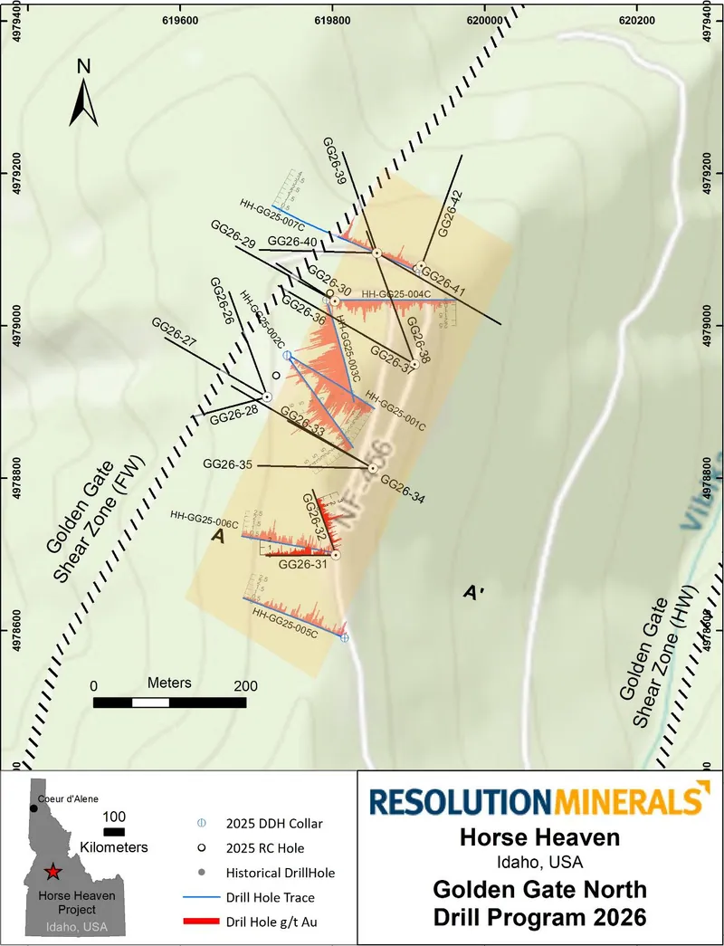 Map from Resolution Minerals Ltd’s announcement “Drilling Confirms Extension of Gold Zone at Golden Gate”