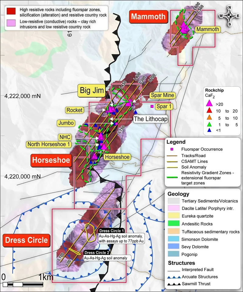 Map view of resistivity survey with prospect locations and transparent geology