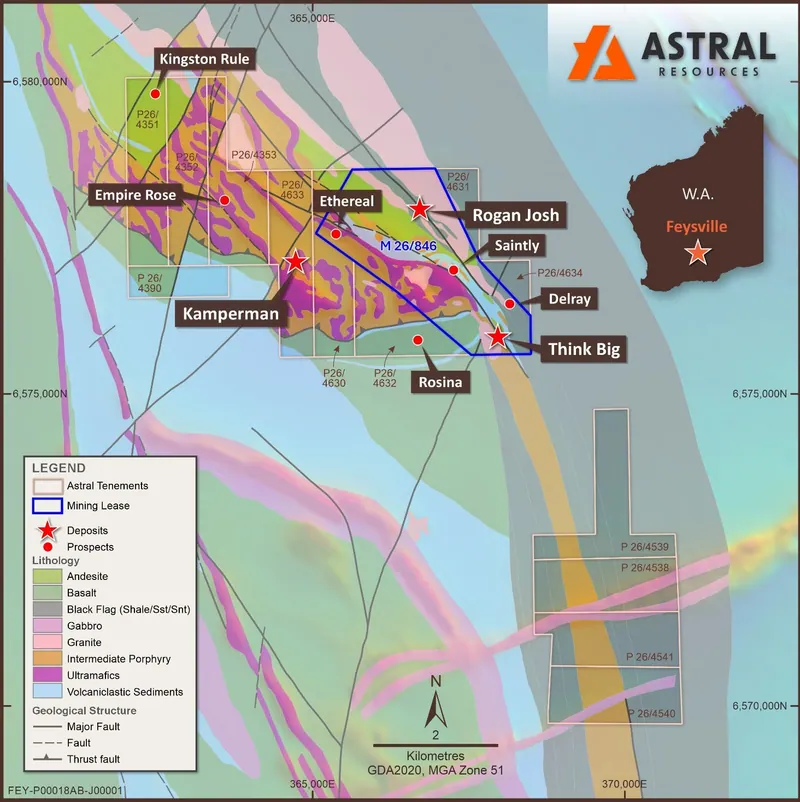 Map of Feysville Gold Project (including tenements and deposits/prospects) on local area geology
