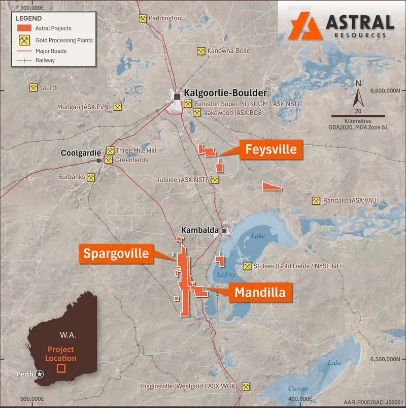 Map illustrating the location of the Astral’s Mandilla, Spargoville and Feysville Gold Projects