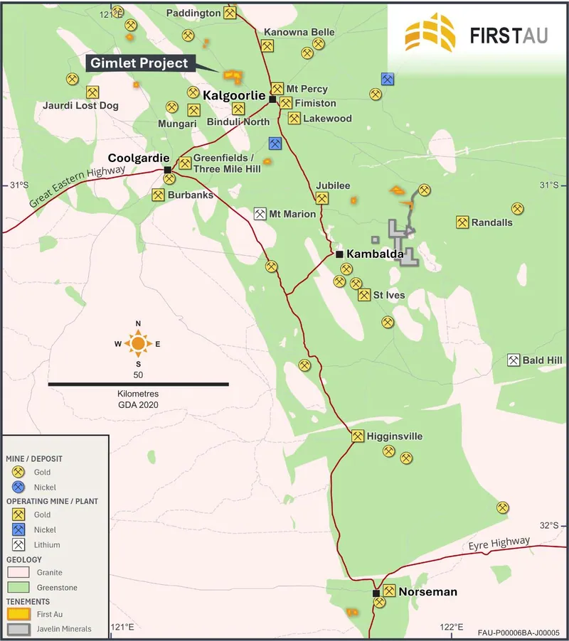 FirstAU Tenements south of Kalgoorlie, with Javelin tenure also shown in grey