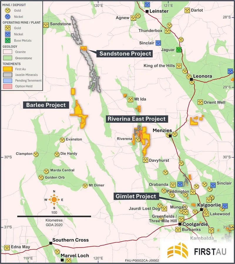 FirstAU Tenements north of Kalgoorlie, with Javelin tenure also shown in grey