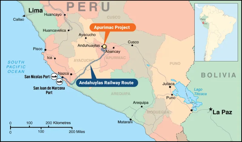 Apurímac Iron Ore Project, showing proposed Andahuaylas Railway route and proposed San Nicolas Port and San Juan de Marcona Port locations