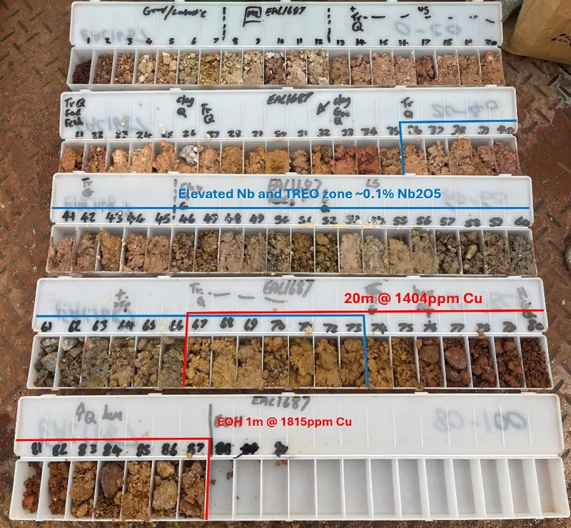 EAL1687 aircore chip trays – copper anomalism from 67m to end of hole, below a zone of elevated Nb and TREO