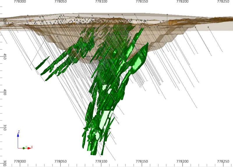 3D view of the interpreted principal mineralised vein domain relative to the Current topographic surface, at Mt Dimer Taipan, Looking North-West