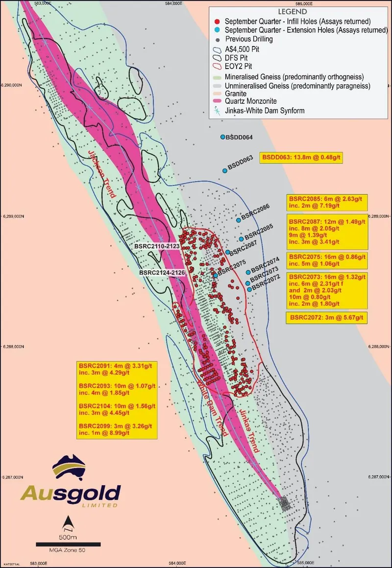Geological map of the entire Central Zone displaying September Quarter drilling relative to the DFS pit, end of Year 2 pit and A$4,500 pit outlines2