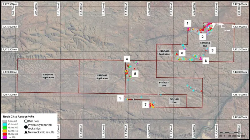Yandi South rock chip locations and 9 newly identified prospects