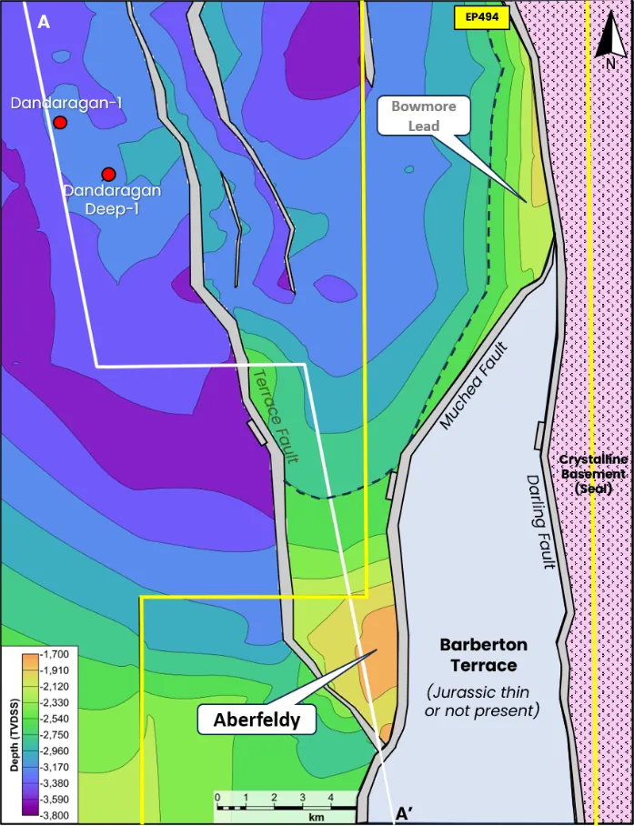Structural depth map of Aberfeldy Prospect (Intra-Yarragadee Formation)