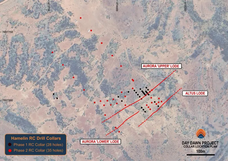 Day Dawn Project – Aurora / Altus Lodes, Phase 1 (28 holes) and Phase 2 (35 holes) RC collar plan on Bing Sat image MGA94 z51