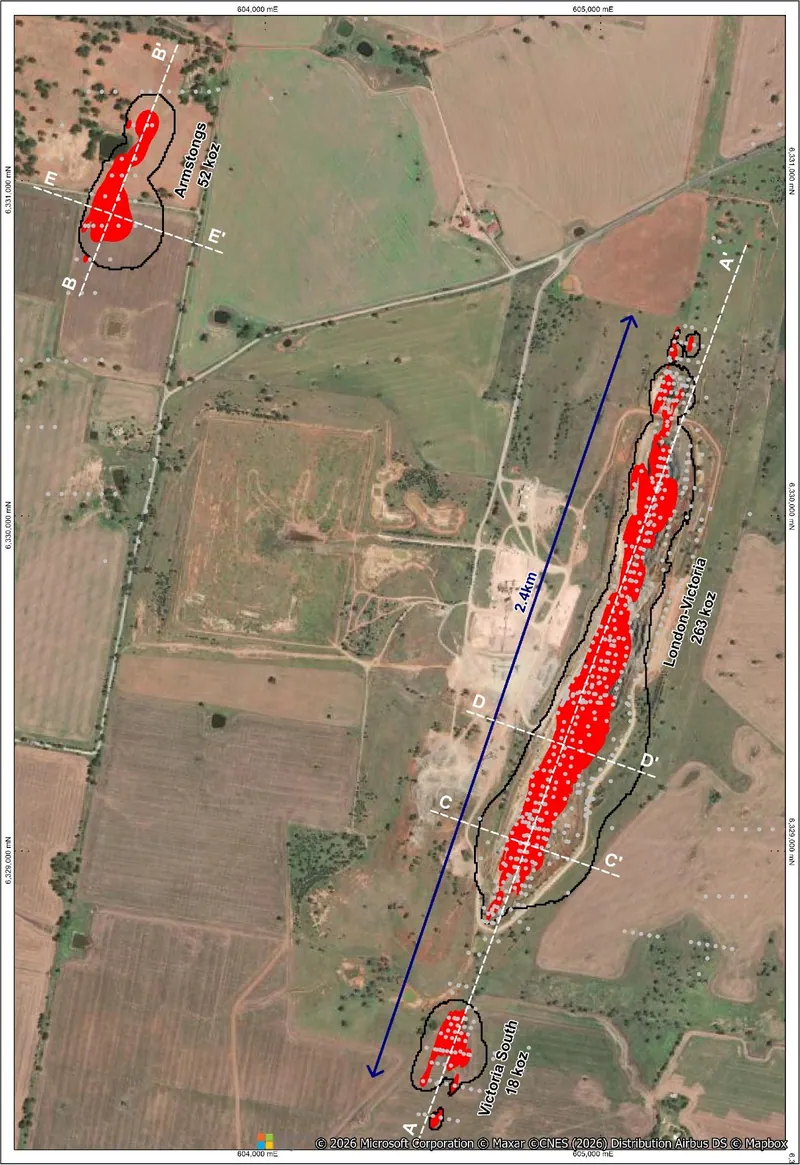Plan view of mineralisation wireframes, drillhole collars and the USD$4,200/oz pit optimisation shell
