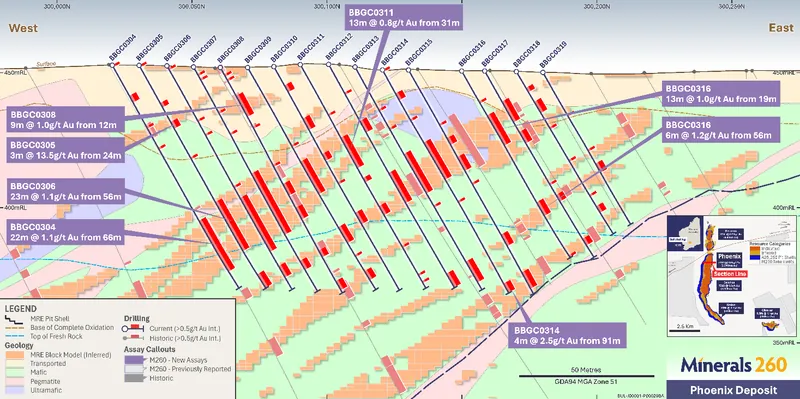 Section 6568350N showing mineralisation in grade control drilling testing the Phoenix MRE pit shell (new results in purple boxes)