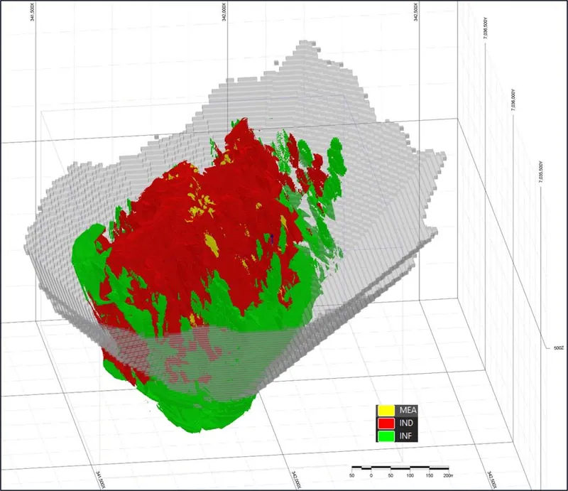 Isometric view of the Ternera Gold Deposit block model looking north-west