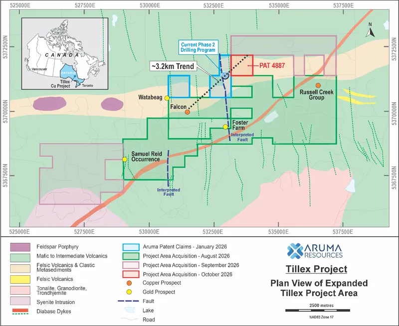 Expanded Tillex Project area, showing the newly acquired patented mineral right PAT4887, and the extended interpreted 3.2km Tillex Trend
