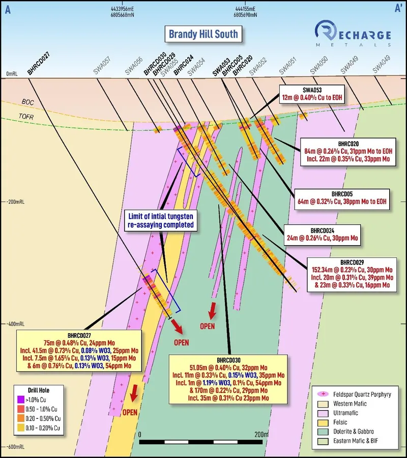 Cross section through Brandy Hill South showing the mineralised zone is approximately 250m wide