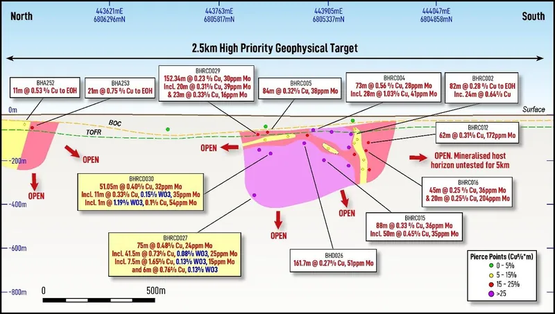 Longitudinal section through Brandy Hill South showing 500m long x 400m deep x 250m wide zone of past drilling and 21m at 0.75% Cu intercept located in same ro…