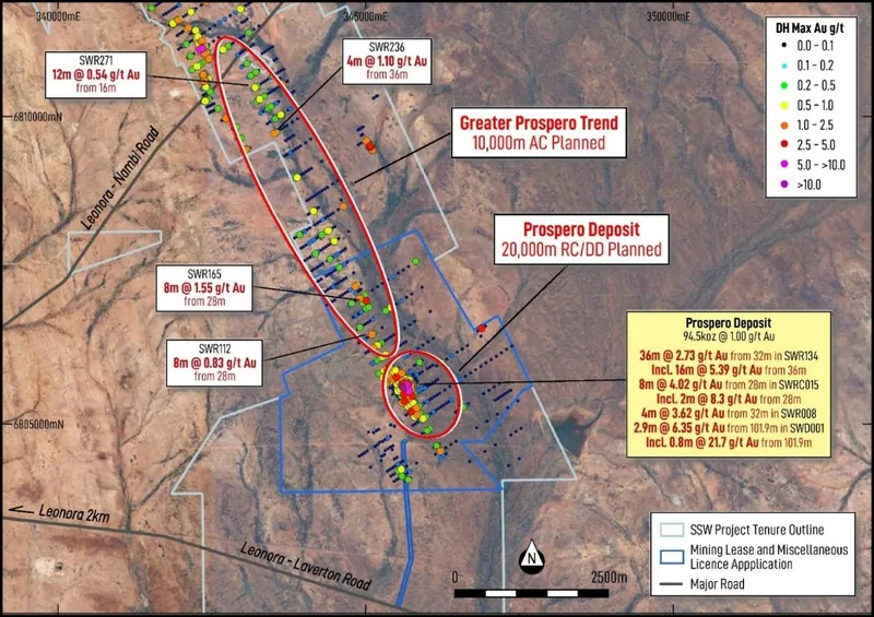 Plan map of the Greater Prospero Trend showing the areas targeted for 20,000m RC/diamond drilling and 10,000m aircore drilling