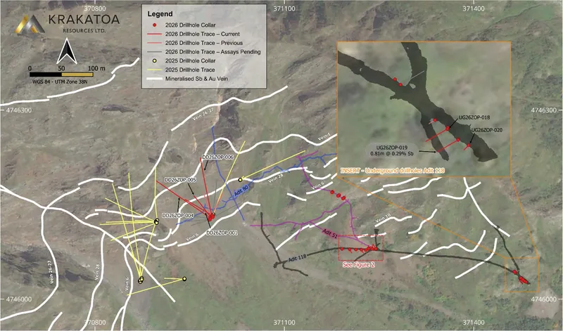 Plan view showing the location of the drill holes and mapped surface mineralised quartz antimony veins